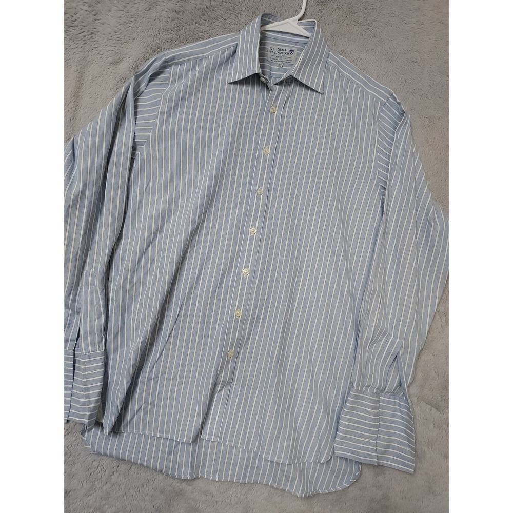 New & Lingwood Shirt Mens 15.5 Striped Cotton Long Sleeve Blue French Cuff Dress